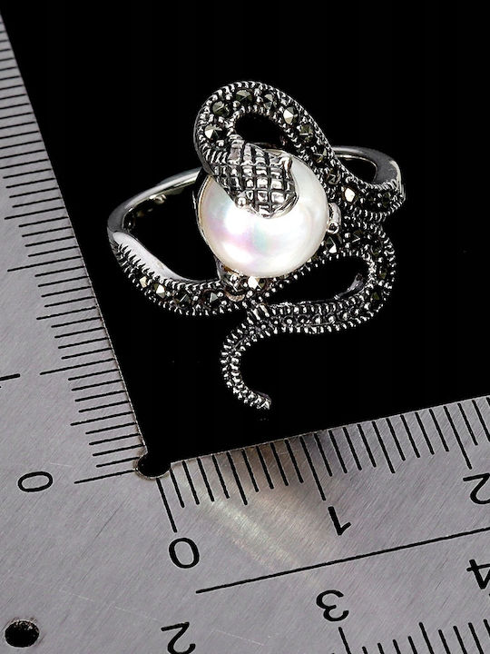 925 Stunning Silver Ring Natural Marcasites Pearl Size 15 Snake