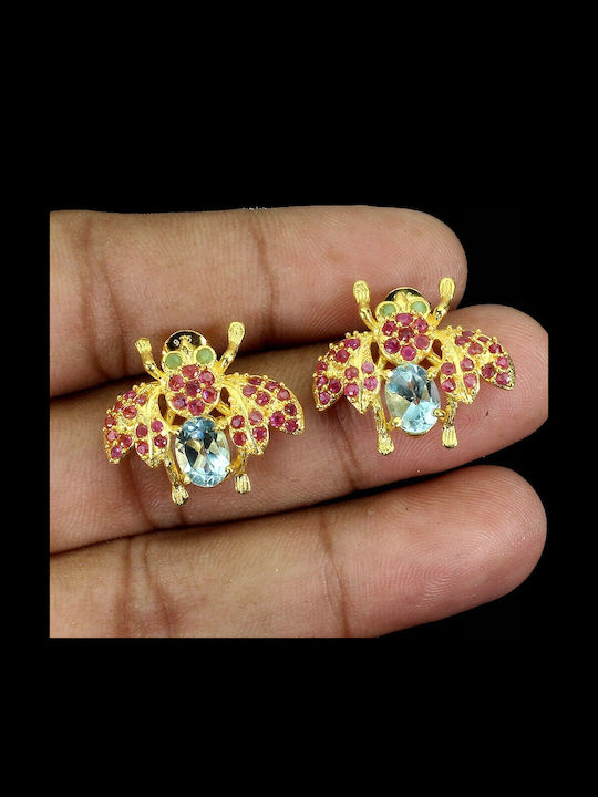 925 Bee Silver Earrings Natural Rubies Emeralds Sky Blue Topazes 3