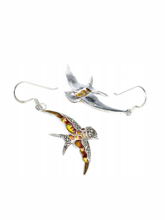 Silver 925 Enamelled Earrings Natural Marcasite Swallow Bird 2