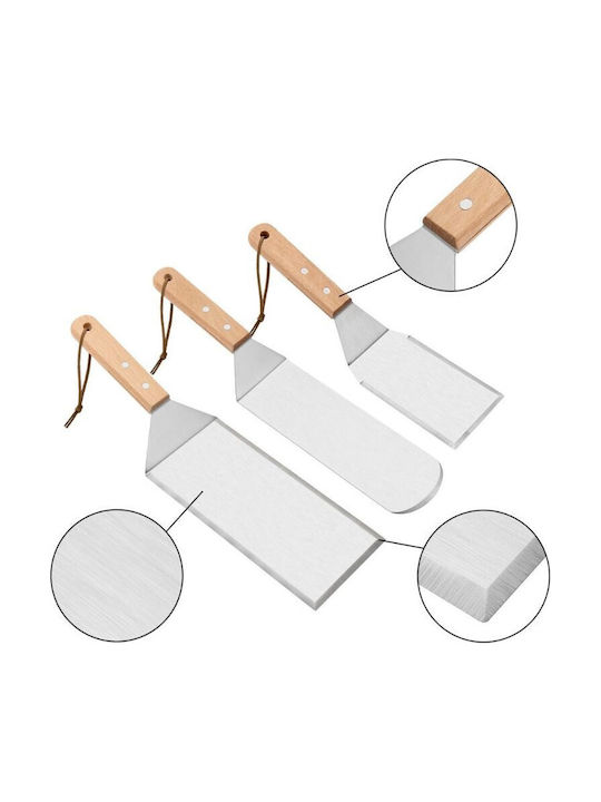 Set 3 Spatule Metalice Pentru Grătar Alista Home Margini Subțiri Suprafață Antiaderentă Rezistente La Căldură Mâner Ergonomic Din Lemn 3 Forme Agățătoare Gri