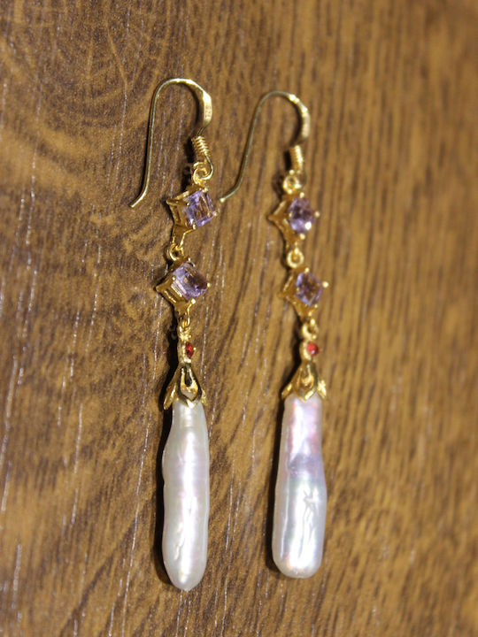 Delicate Hanging Earrings Natural Pearls Amethysts Silver 2