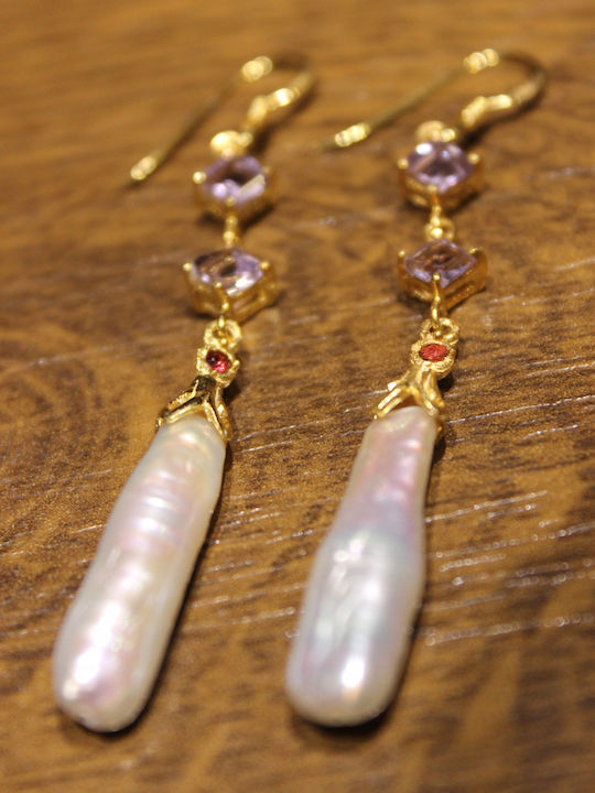Delicate Hanging Earrings Natural Pearls Amethysts Silver 2