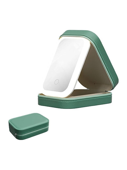 Neseser De Machiaj Alista Home Geantă Cosmetică Oglindă Led 3 Moduri De Lumină Încărcare Usb Baterie 1200 Mah Organizator Cosmetice 4 Compartimente Piele Ecologică Verde 16.5x11.5x6 Cm