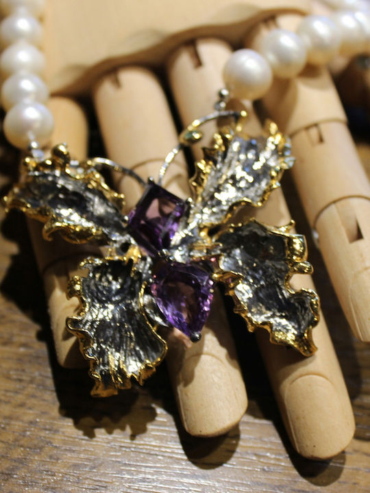 Silver Necklace Amethysts Emeralds Pearls