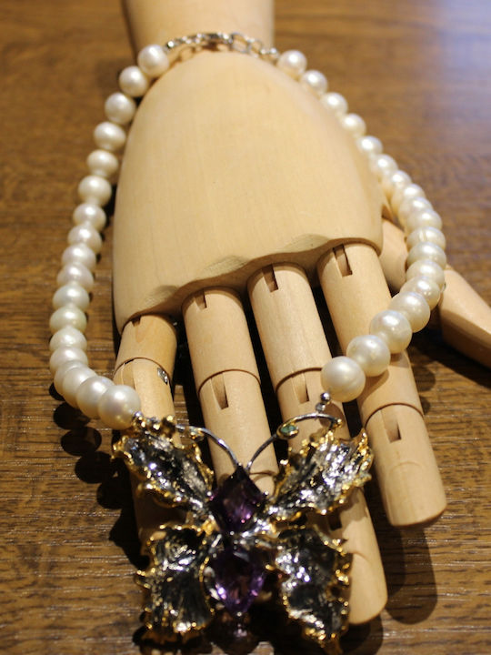 Silver Necklace Amethysts Emeralds Pearls