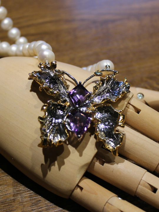 Silver Necklace Amethysts Emeralds Pearls