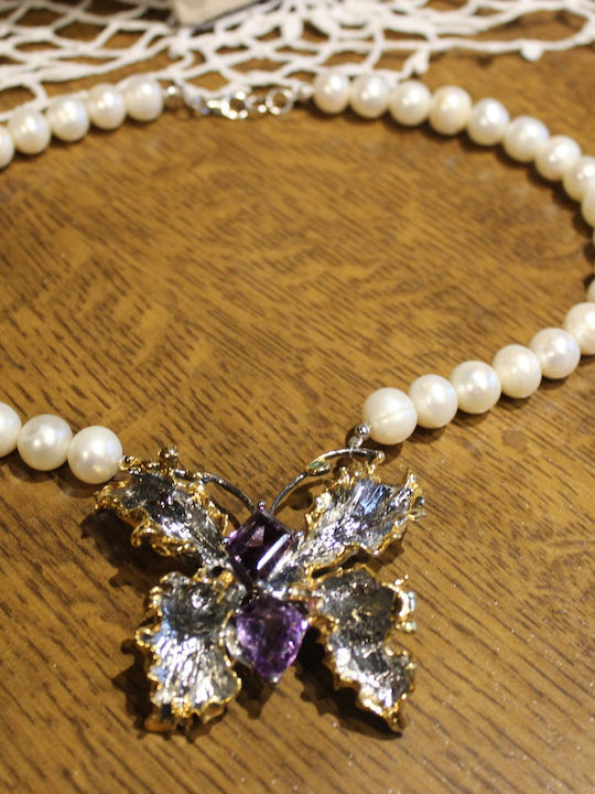 Silver Necklace Amethysts Emeralds Pearls