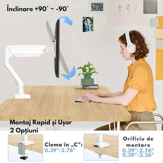 Bază de Birou pentru Monitor până la 32" cu Braț Albă