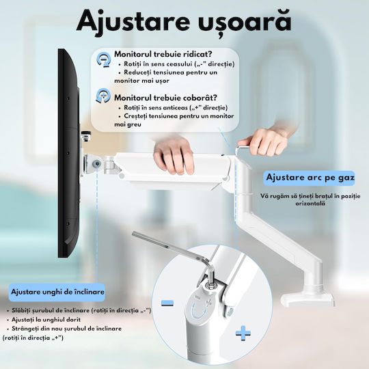 Bază de Birou pentru Monitor până la 32" cu Braț Albă