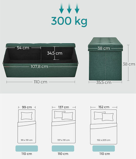 Taburet cu Spațiu de Depozitare din Lemn Verde 110x38x38cm