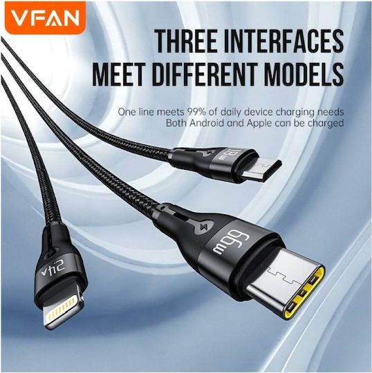 VFAN USB to Type-C / Lightning / micro USB Cable 3A Μαύρο 1m