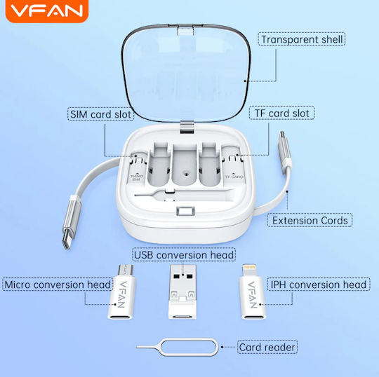 VFAN Retractable USB to Type-C / Lightning / micro USB Cable 3A White 1m