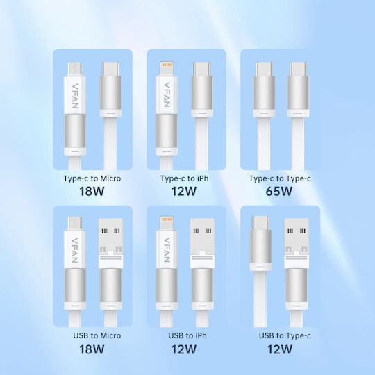 VFAN Retractable USB to Type-C / Lightning / micro USB Cable 3A White 1m