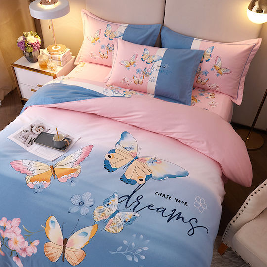 4 Seasons Collection Set Huse Pentru Pilote Flanelă Superdublu 220x240cm 2 Fețe De Pernă & 1 Cearceaf Roz Albastru