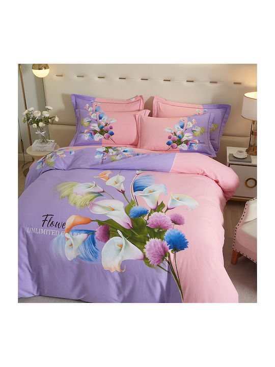 4 Seasons Collection Σετ Παπλωματοθήκη Φανελένια Υπέρδιπλη 220x240cm 2 Μαξιλαροθήκες & 1 Σεντόνι Ροζ Λιλά
