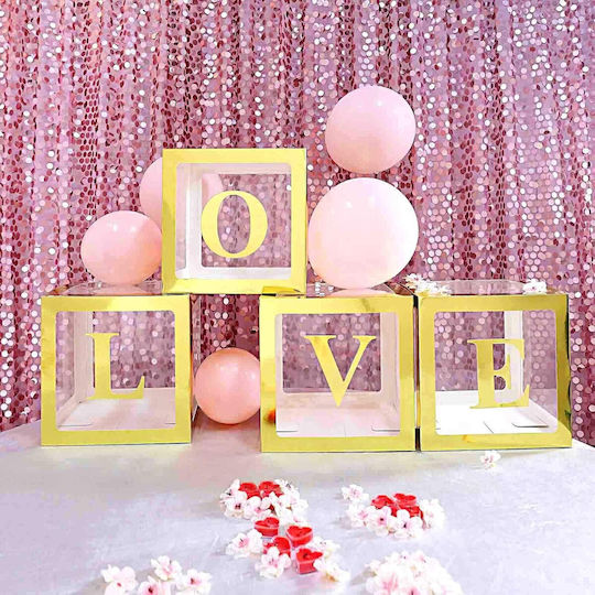 Set 4 Cutii Pentru Baloane Alista Home Model Simplu Tematică Zi De Naștere Cuburi Decorative Din Plastic Accesorii Pentru Petreceri 30 X 30 Cm Transparent Contur Auriu