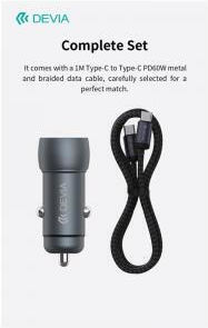Devia Metal Car Charger 48W 3A Fast Charging with Ports 1xUSB 1xType-C with Type-C Cable Gray Colour