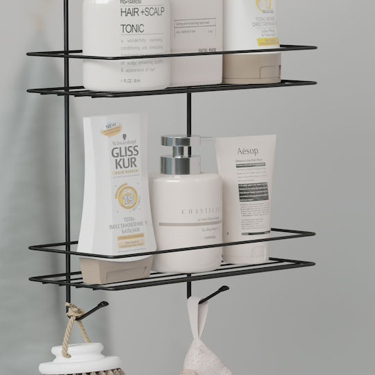 Femmit Hängendes Badezimmerregal Ohne Bohren Glas Türen Duschtüren – 2 Ebenen Badezimmerorganisation Antischimmel Schwarz Haken Shampoo Duschgel & Handtücher