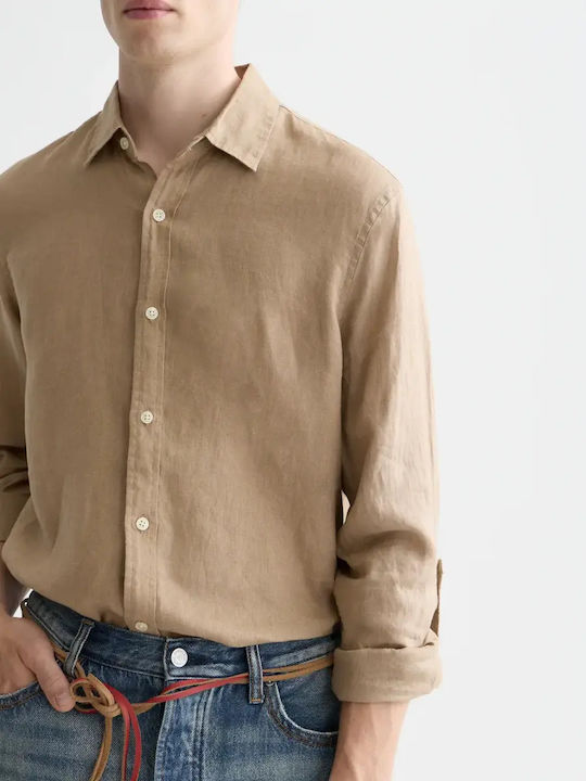 Long Sleeve Linen Shirt In Regular Fit Beige