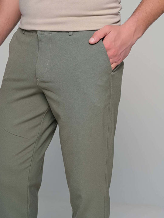 Elastic Trousers in Straight Leg Style Khaki