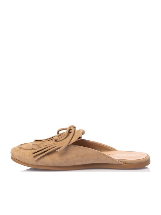 Leather Mules with Heel in Beige Colour