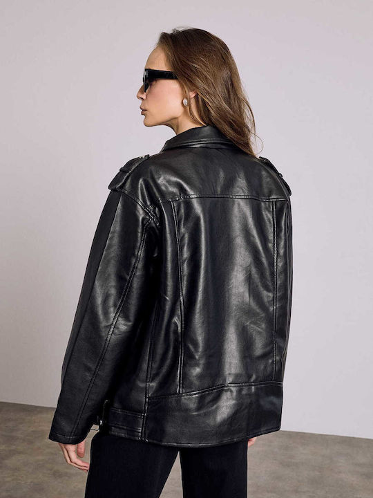 Celestino Damen Jacken Biker Künstliches Leder Loose Fit Schwarz Celestino Damen Jacken Biker Künstliches Leder Loose Fit Schwarz