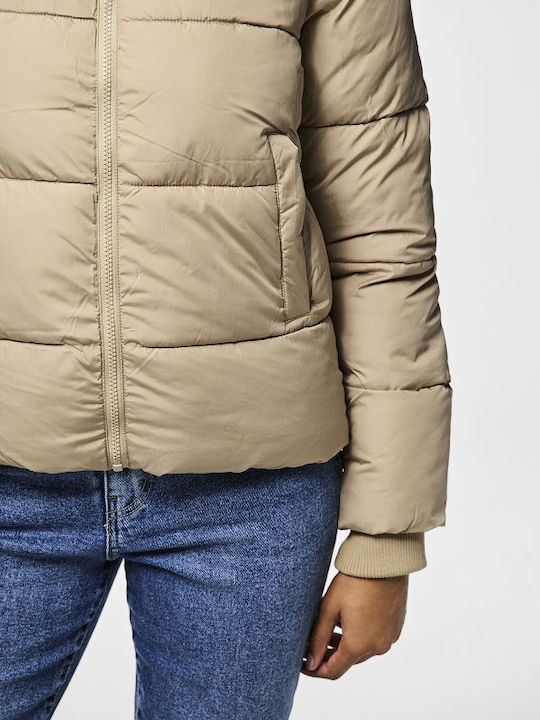 Short Women's Puffer Jacket for Winter Beige