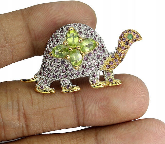 Silver Turtle Brooch Garnets Olivines Emerald 925