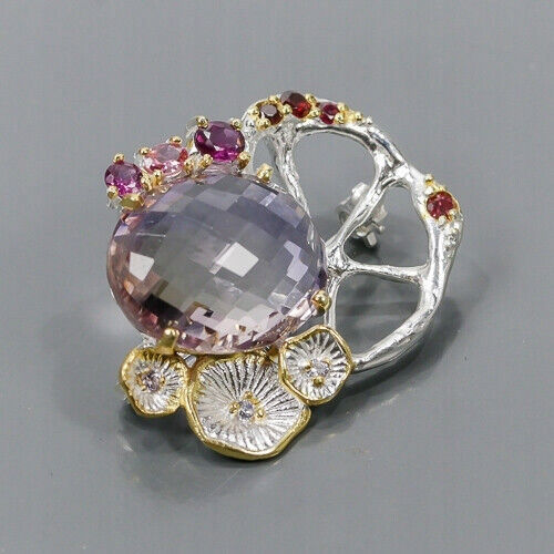 Artistic 14ct Silver Brooch Ametrine Garnets
