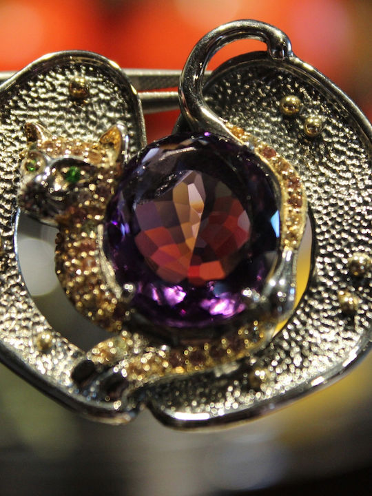 Künstlerischer Katzenanhänger Silber Natürlicher Amethyst Diopsid Saphire Songea