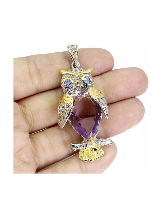 Silver Pendant Natural 22.82ct Amethyst Owl
