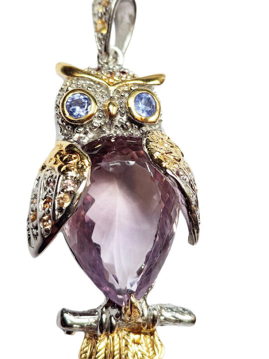 Silver Pendant Natural 22.82ct Amethyst Owl