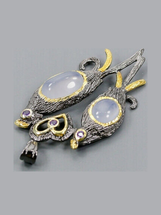 Artistic Chalcedony Amethyst Birds Pendant 925