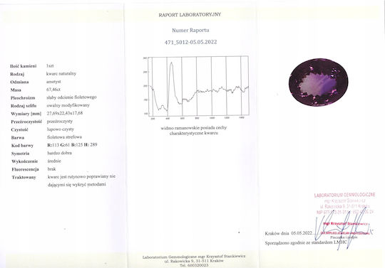Amethyst Natural Stone 67.46ct Certificate