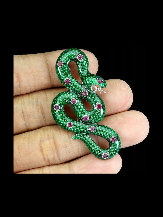 925 Silver Enamel Pendant Brooch Natural Rubies Snake