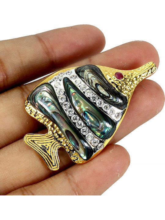 Pendant Brooch Natural Mother--pearl Ruby Zircon Fish 925