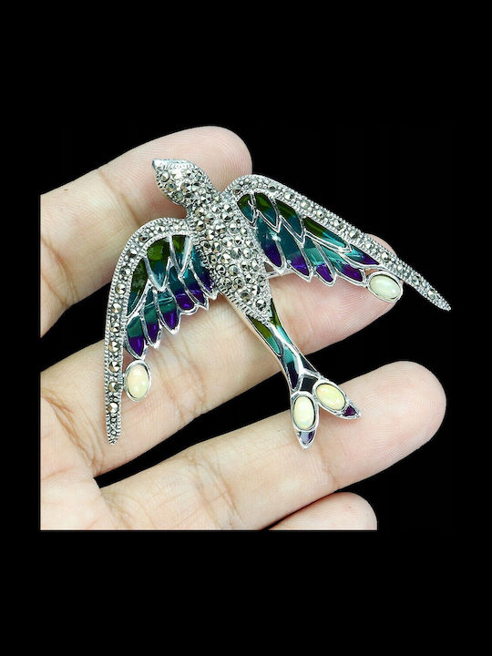 925 Brooch Pendant Enamelled Natural Fire Opals Marcasite Bird