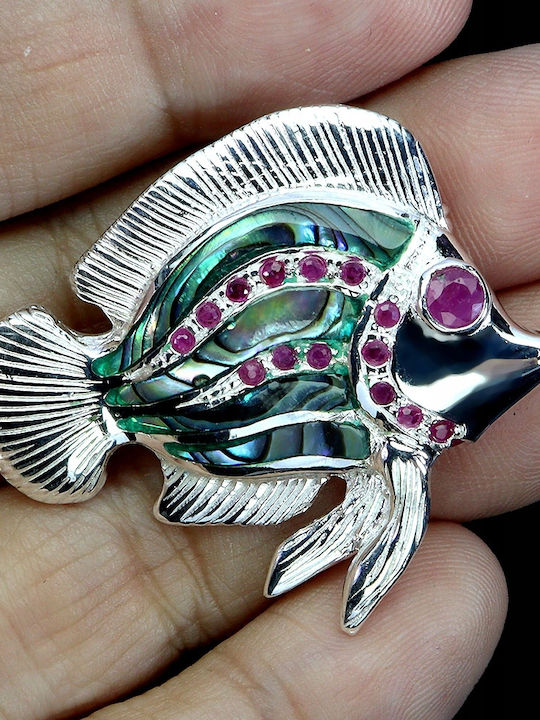 925 Stunning Pendant Brooch Natural Mother Pearl Rubies Myanmar Fish