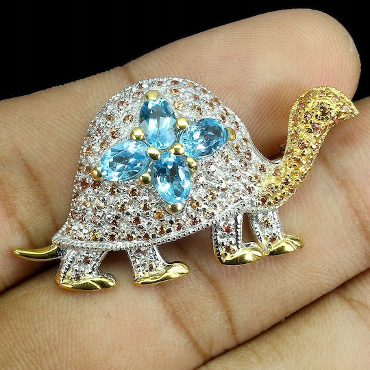 Silver Turtle Brooch Sapphires Swiss Blue Topaz 925