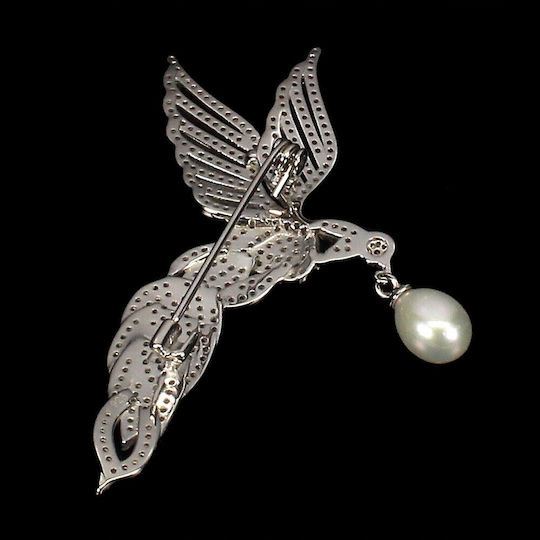 Silver Brooch Natural Cream Pearl Zircon Bird 925