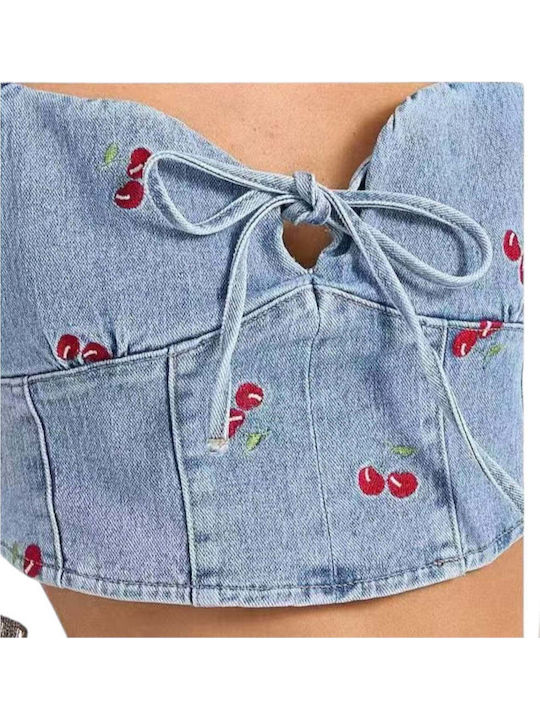Women's Crop Cotton Top with Spaghetti Straps Blue