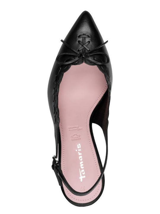 Leather Pointed Toe Heels with Strap & Mid Heel Black