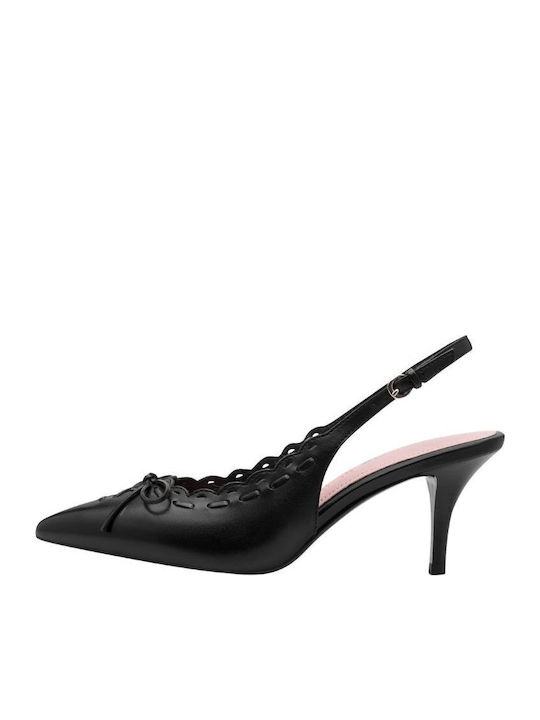 Leather Pointed Toe Heels with Strap & Mid Heel Black
