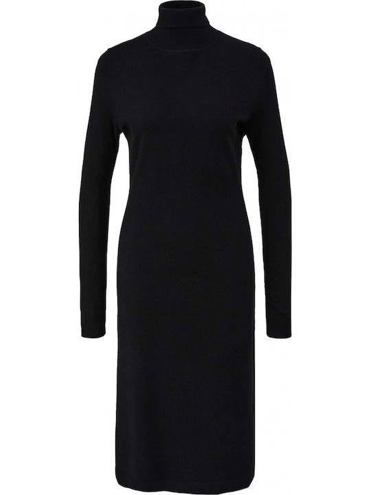 Rochie Midi cu Guler Înalt Neagră