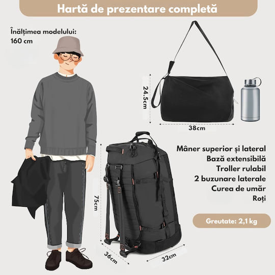 Sak Voiaj Înapoi 86l Negru cu Roți Textil