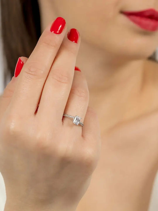 Single Stone Ring From 9K White Gold With Zircon