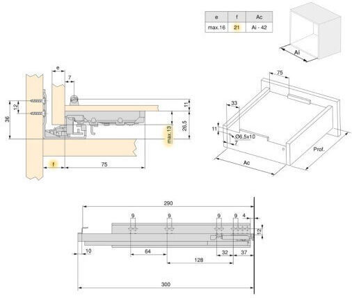 Ghid Sertar Ascuns Emuca Argintiu Cu Frână 100% Deschidere Clips 290mm