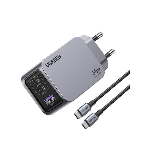 Ugreen Charger GaN with USB-A Port and 2 USB-C Ports and Cable USB-C - USB-C 65W Power Delivery / Quick Charge 4.0 Gray (Nexode Pro)
