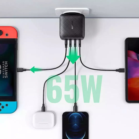 Ugreen GaN Wireless Charger with USB-A Port and 3 USB-C Ports 65W Power Delivery Quick Charge 2.0 Quick Charge 3.0 Quick Charge 4+ Quick Charge 4.0 Black (CD224)
