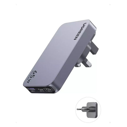 Ugreen Φορτιστής Χωρίς Καλώδιο GaN με Θύρα USB-A και 2 Θύρες USB-C 65W Power Delivery Γκρι (Nexode Pro)